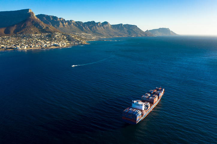 Shot of a cargo ship at sea